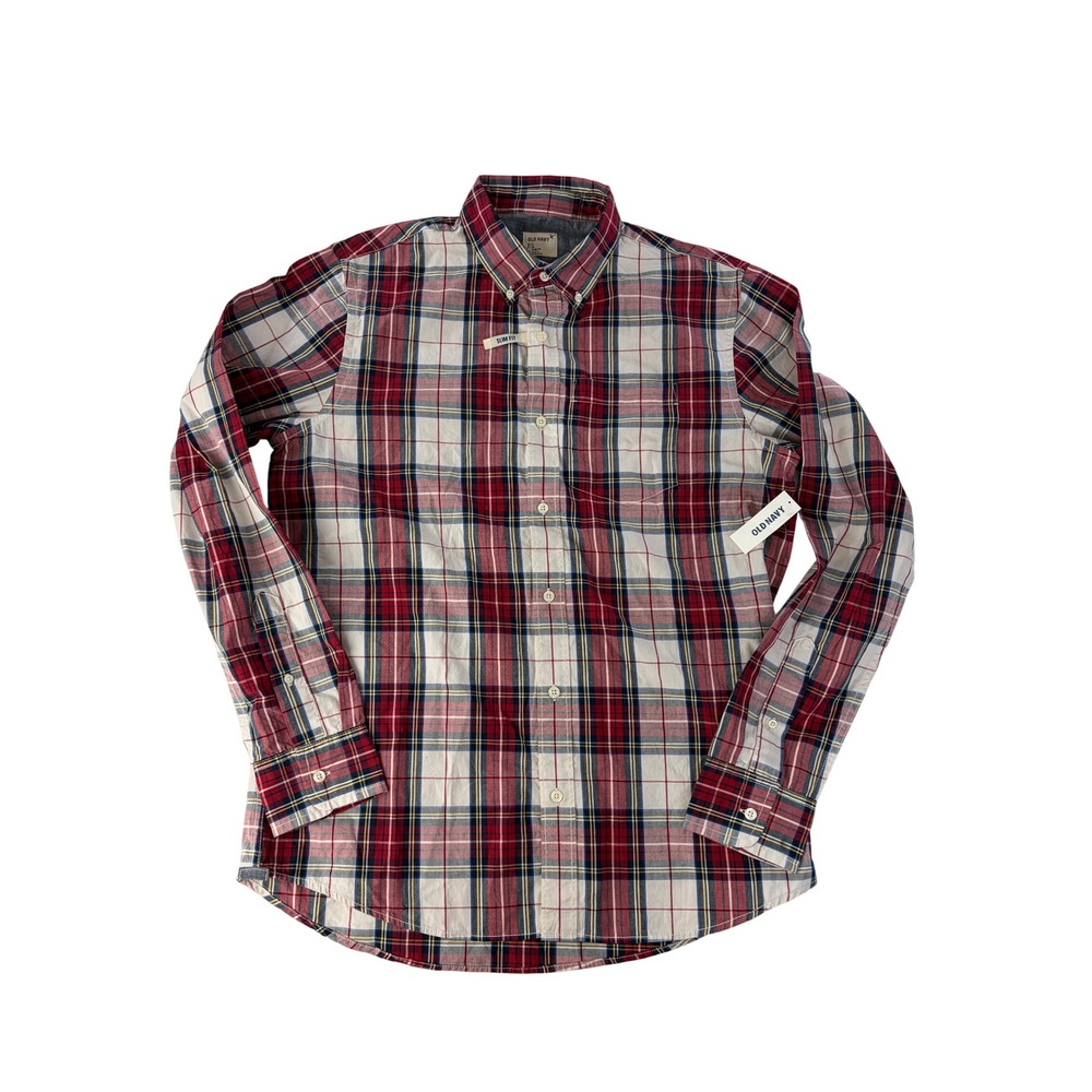Old Navy Button Down Shirt Mens L Slim Fit Plaid Long Sleeve Red Plaid NWT